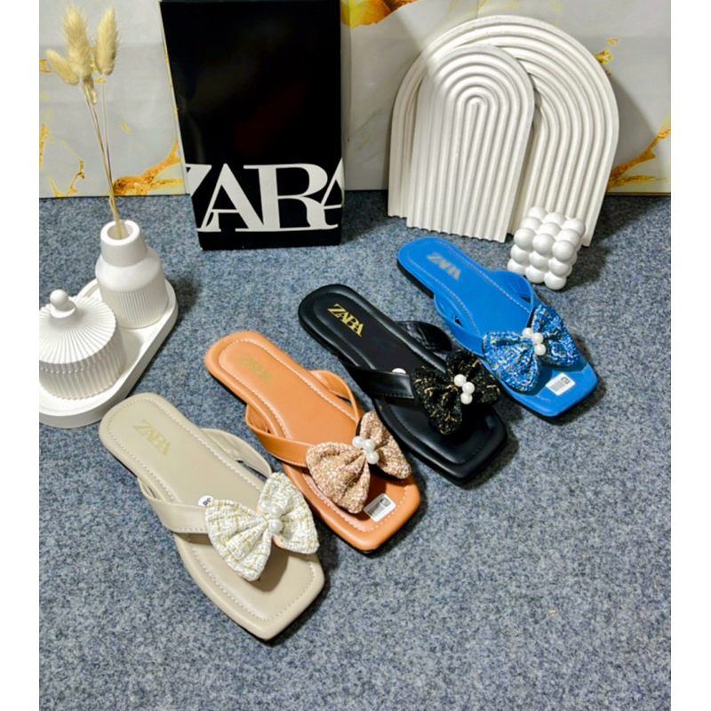 Sandal Japit Zara Flat Tweet Pita Mutiara Sandal Wanita Terbaru kode SM36