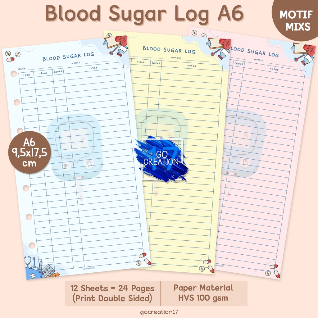 

Buku Planner Refill Kertas Binder Blood Sugar Log Gula Darah Tracker Motif Premium A6