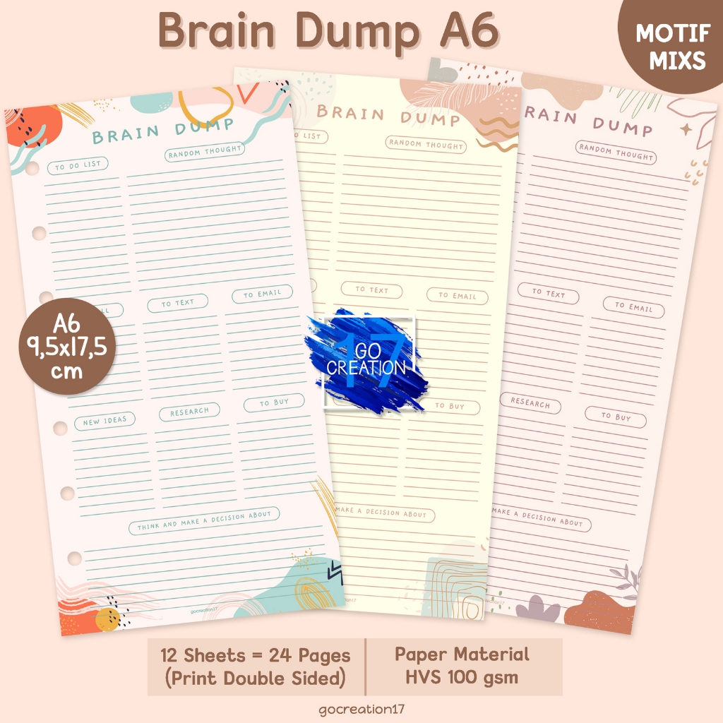 

Buku Planner Refill Kertas Binder Brain Dump Motif Premium A6