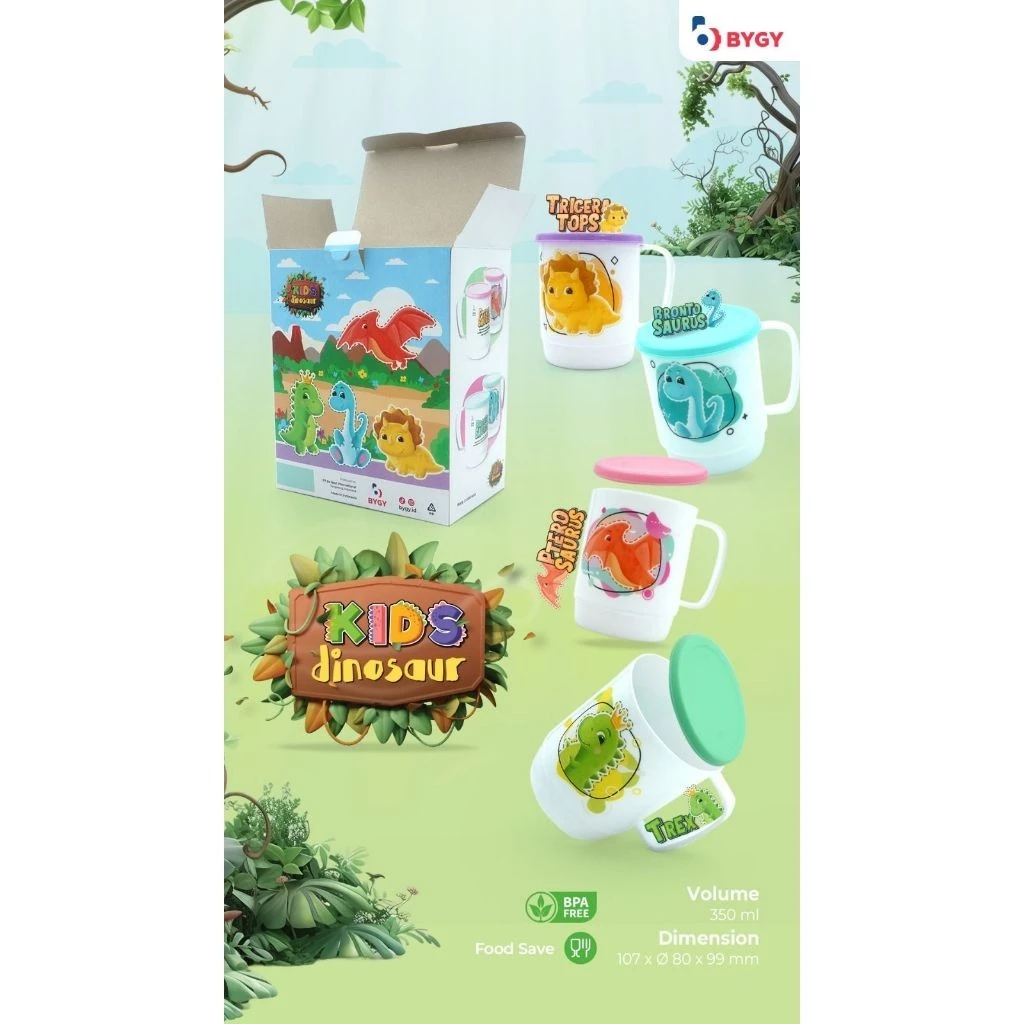 Mug Set Tutup Motif Dino Gelas Botol Minun Anak Karakter Lucu Set isi 4 Free Dus