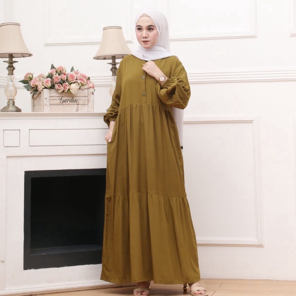 KODE V19B Gamis Rayon Polos Susun Canda Lengan Balon Busui Kancing Depan