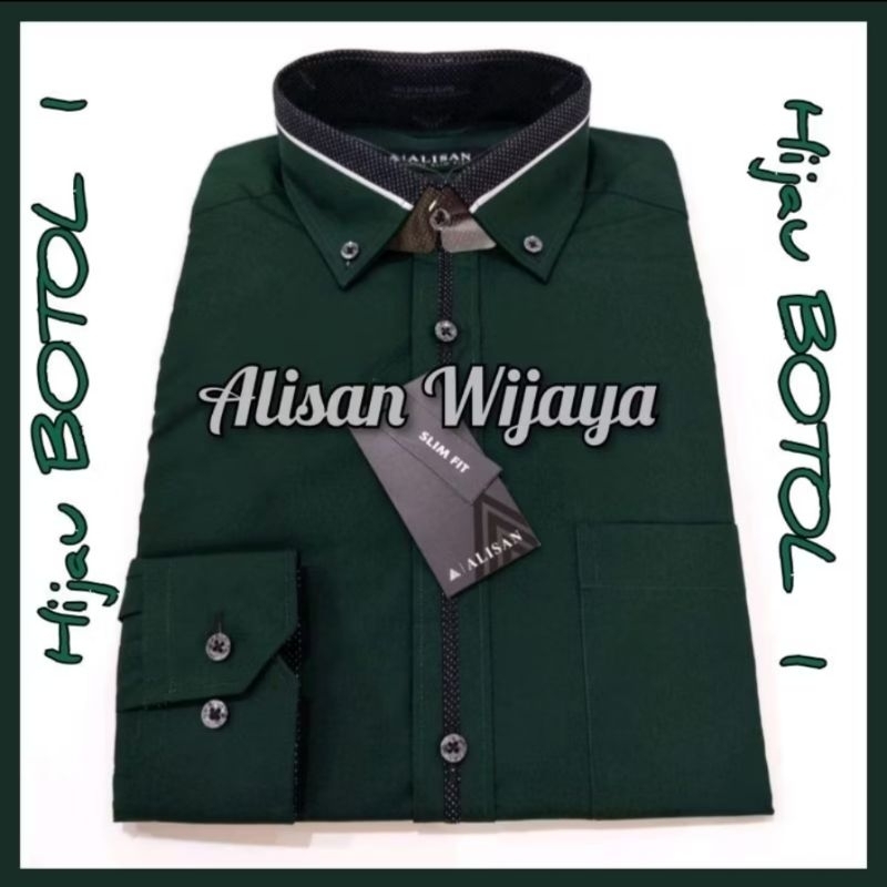 Alisan Kemeja Pria Lengan Panjang Polos Kombinasi List Slim Fit  Warna Hijau Botol 1 (100% Alisan As