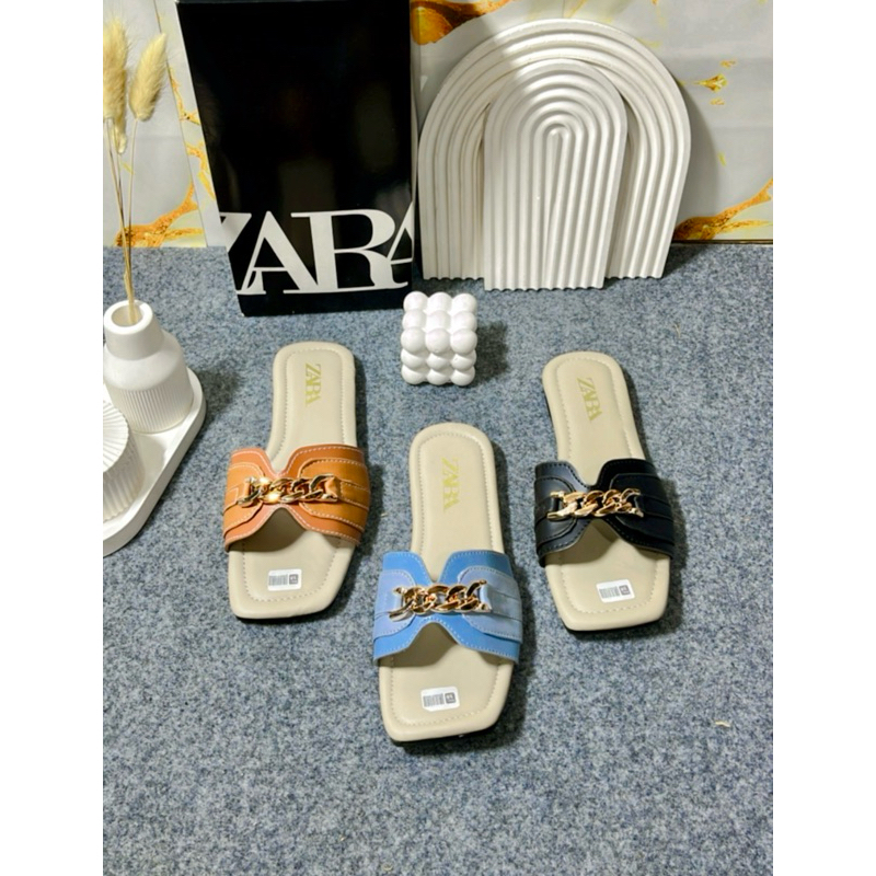 Sandal Selop Zara Flat Rantai Polos Sandal Wanita Terbaru Kode SM41
