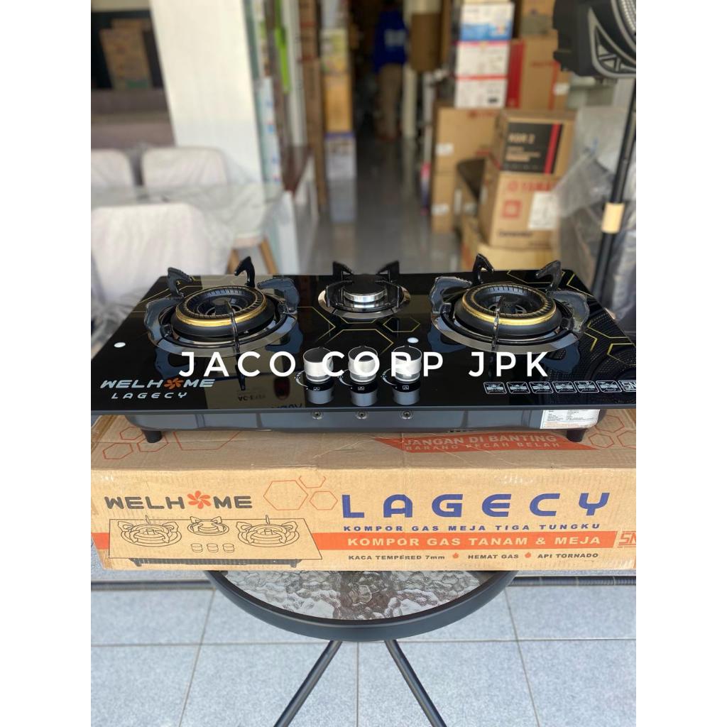 WELHOME Kompor Gas Kaca 3 Tungku Kompor Tanam Tempered Glass