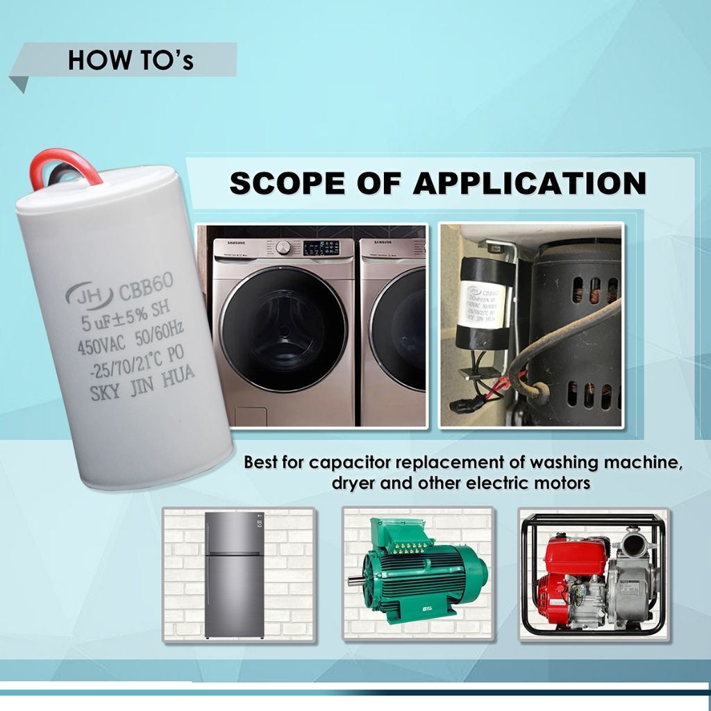 CBB60  4/6/8/10/15/20/30UF Kapasitor Mesin Cuci 2 Tabung  450VAC Body Bulat Capacitor Dual Washing M