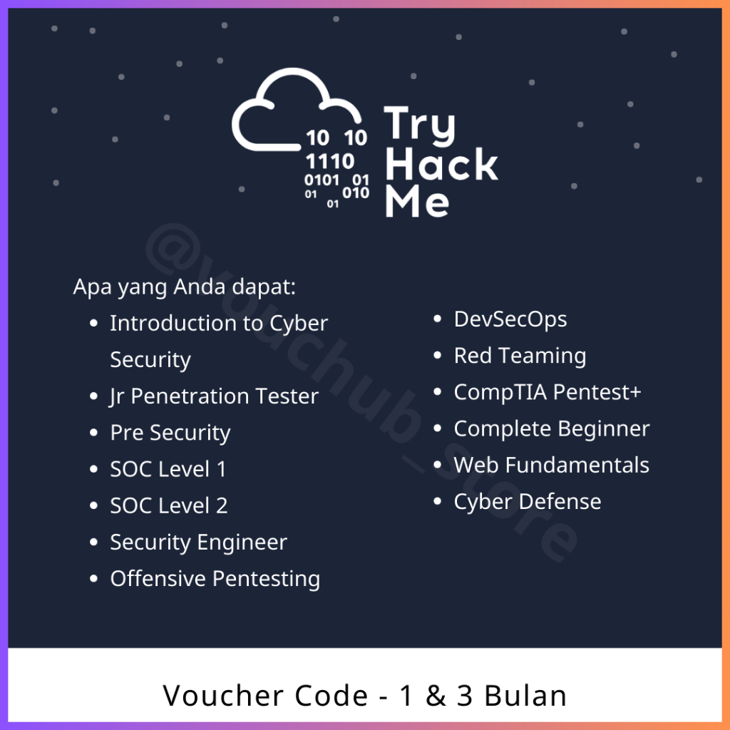 TRYHACKME Voucher 1 Bulan |  TRYHACKME Voucher 3 Bulan - Belajar Cyber Security