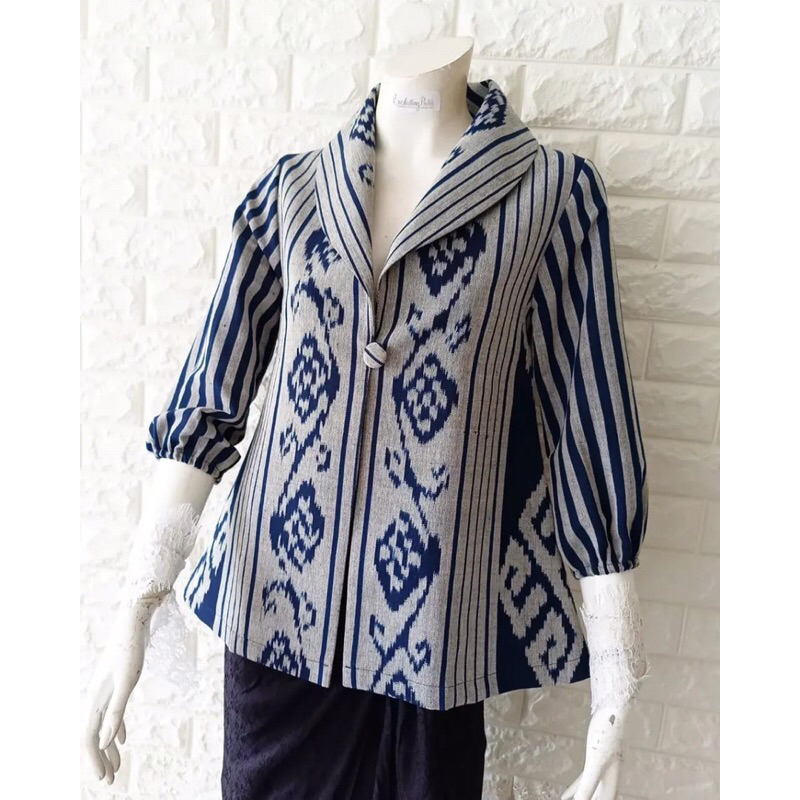 blazer cardi atasan wanita batik tenun original salur biru