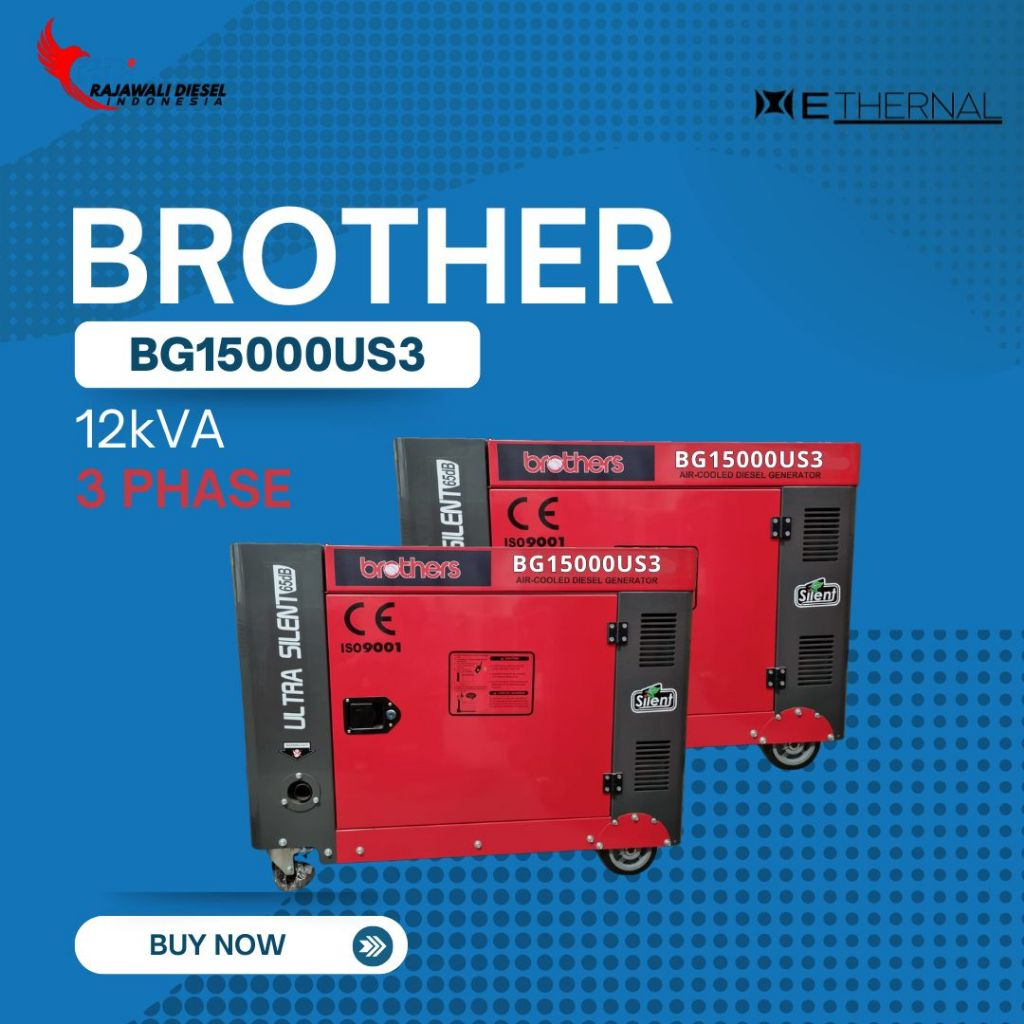GENSET DIESEL 12 KVA/10.000 WATT 3 PHASE BROTHERS BG15000US3 HONDA TEC-ETHERNAL GENSET