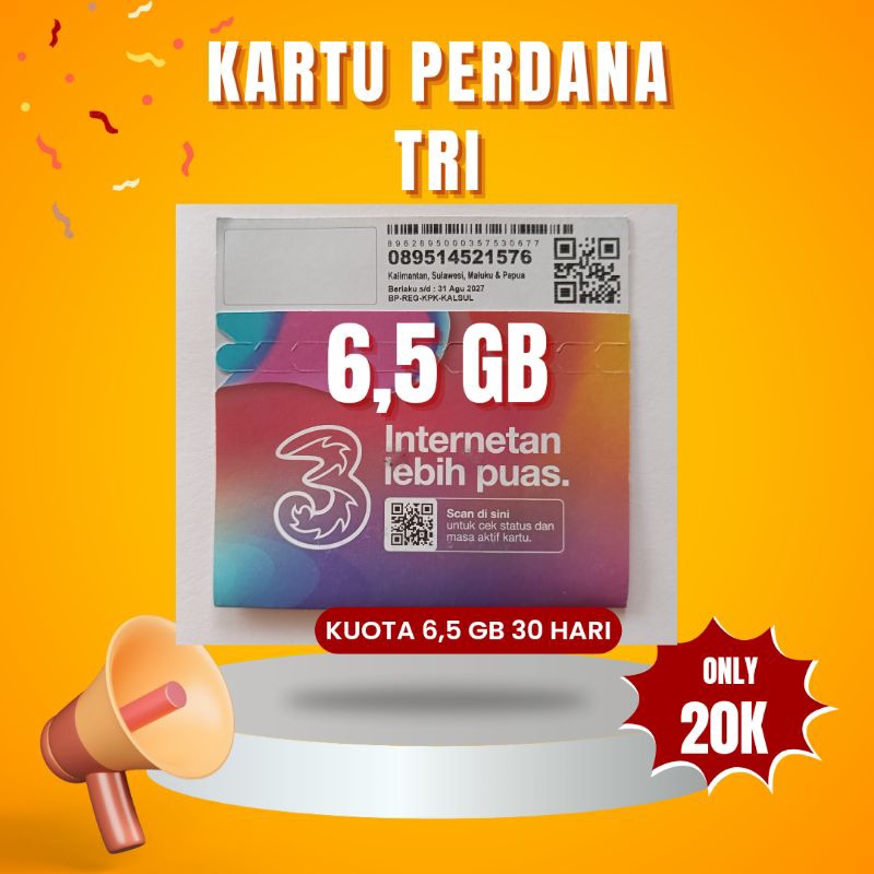 KARTU PERDANA TRI 6,5 GB 30HARI