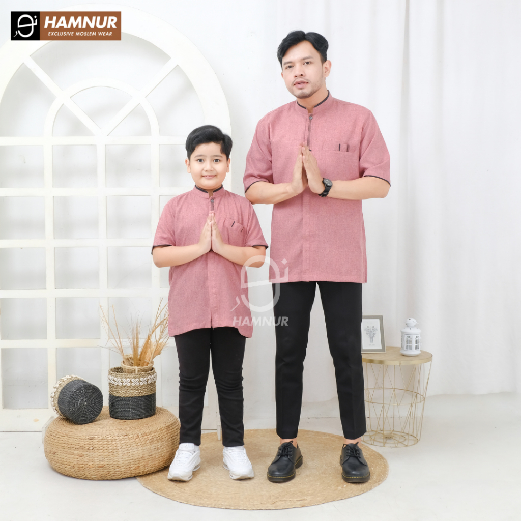 Baju Koko Couple Ayah Dan Anak Bahan Katun Madinah Baju Muslim Pria Model Kemko Polos Lengan Pendek 