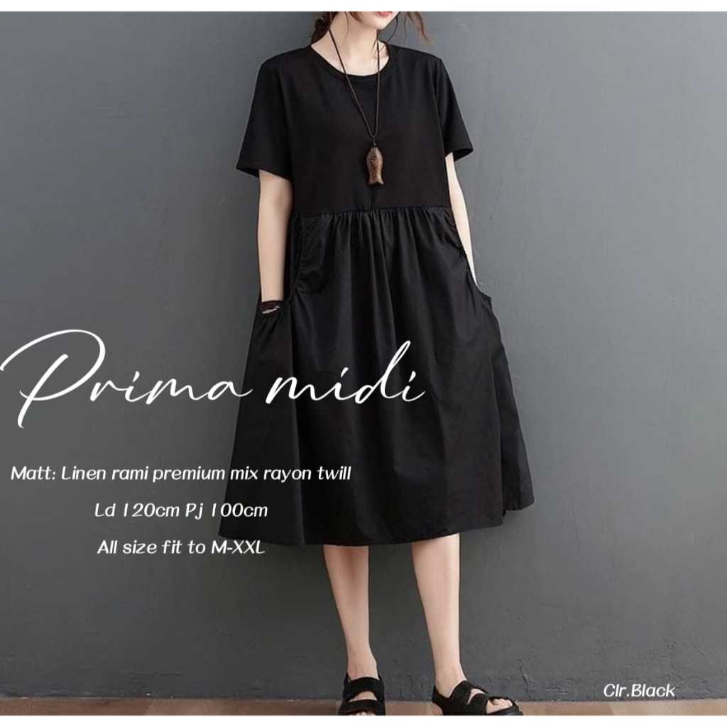 Prima Midi Dress Gamis Daily Wanita Ld 120 XXL Polos Adem Nyaman Harian