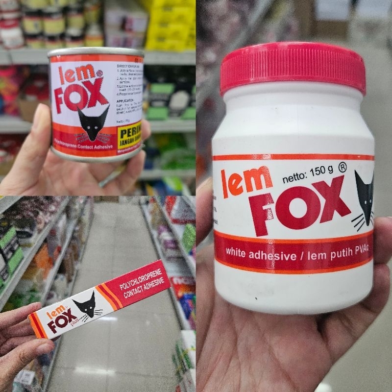 

lem cair liquid glue fox kaleng, fox tube odol, lem putih PVAC fox lem kayu