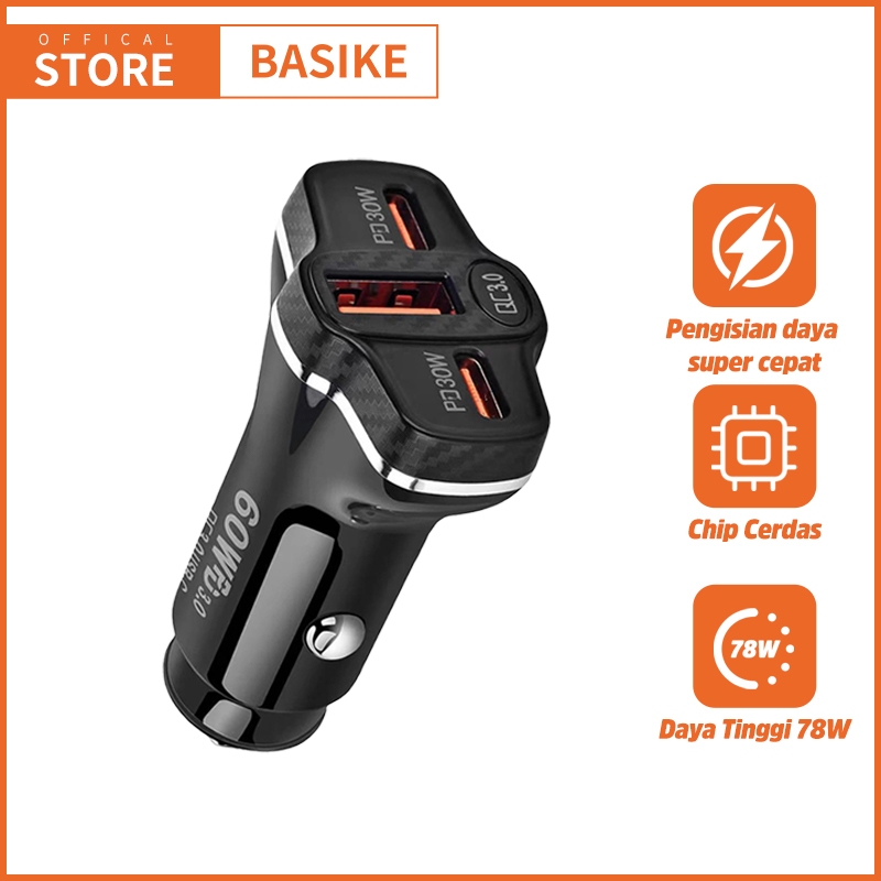 (HOT)BASIKE Car Charger Colokan Mobil Type C USB Fast Charging 78W for iPhone Samsung Xiaomi OPPO
