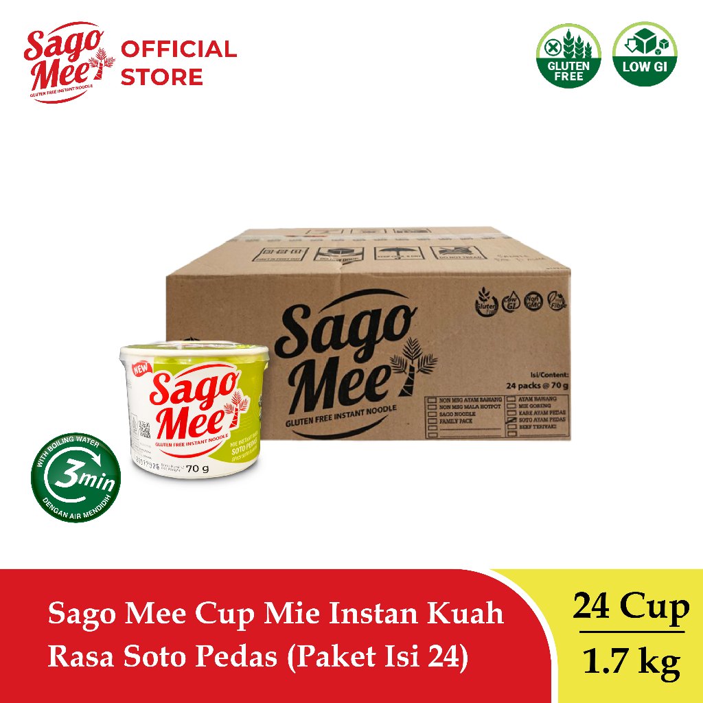 

Sago Mee Gluten Free Mie Instan Cup Kuah Rasa Soto Pedas 70g (1 Karton isi 24)