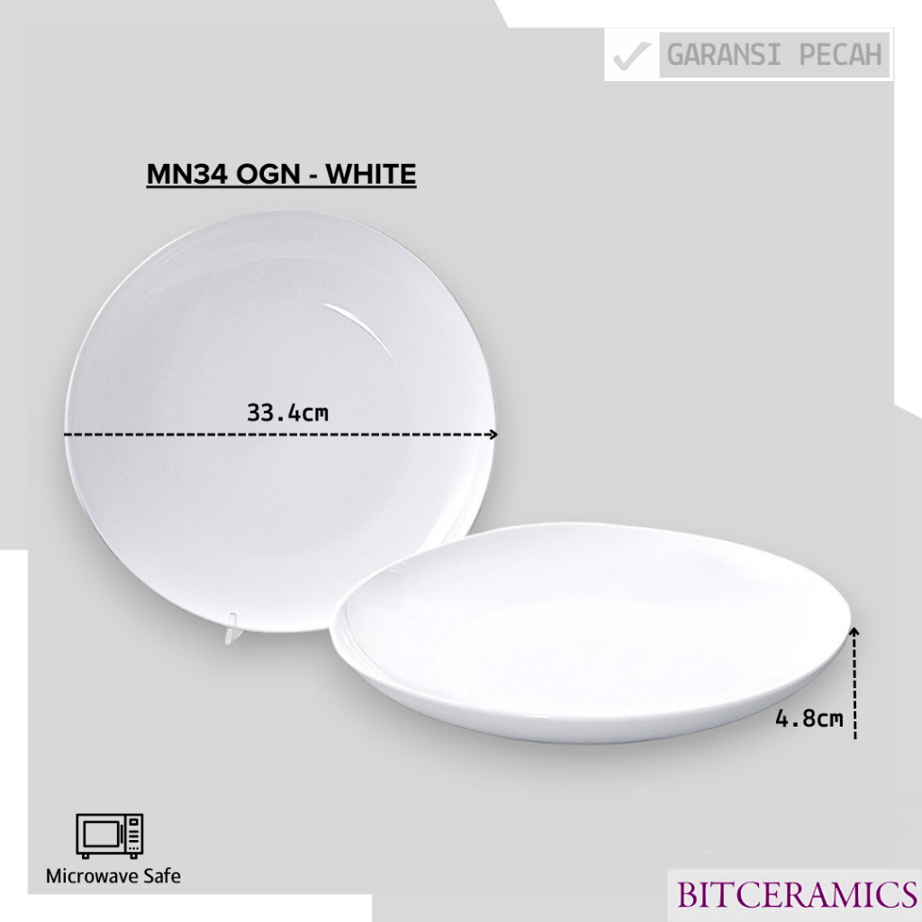 Piring Saji Keramik 33.4CM (1PCS) Putih Polos By Indo Keramik / Piring Besar Keramik / MN34-OGN