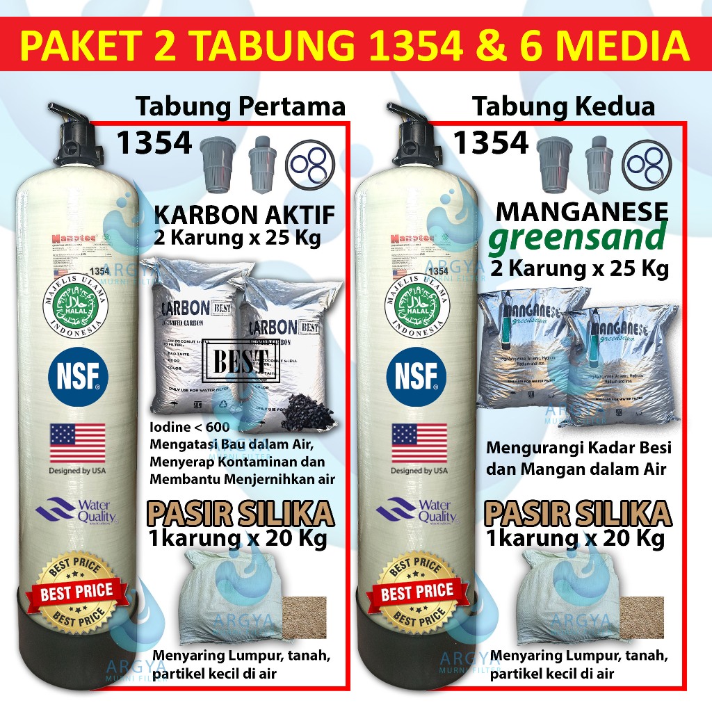 Paket 2 Tabung Media Filter FRP 1354 Nanotec + 2 Head 3 Way Valve + 2 Pasir Silika @20 Kg + 2 Activa