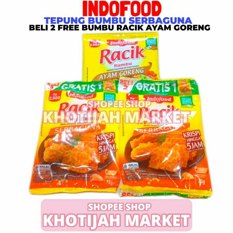 

Indofood Tepung Bumbu Serbaguna 2 PCS 75 Gram + Free 1 Sachet Bumbu Racik Rasa Ayam Goreng 26 Gram