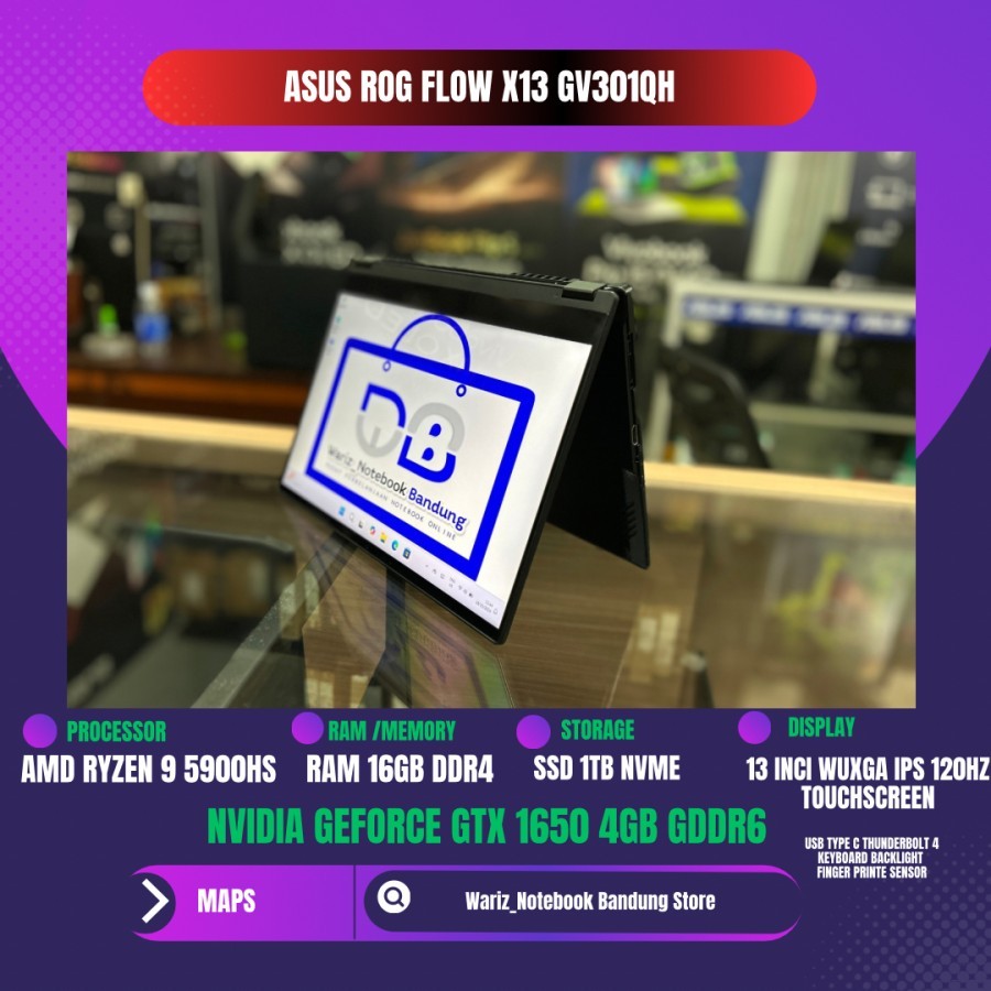 ASUS ROG FLOW X13 GV301QH RYZEN 9 5900HS NVIDIA GTX 1650 RAM 16GB SSD 1TB 13inci WUXGA 120Hz