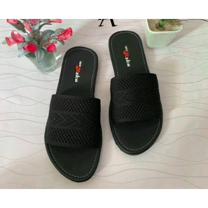 sendal flat wanita sandal flat karet kombinasi rajut