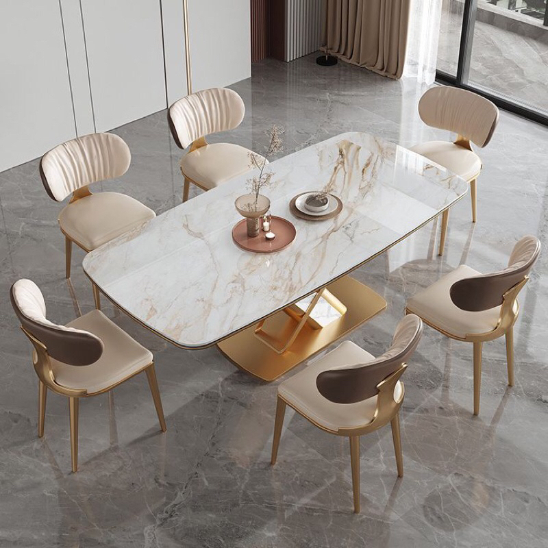 Meja Makan Stainless Top Marmer 6 Kursi Set Meja Makan Stainless Mewah