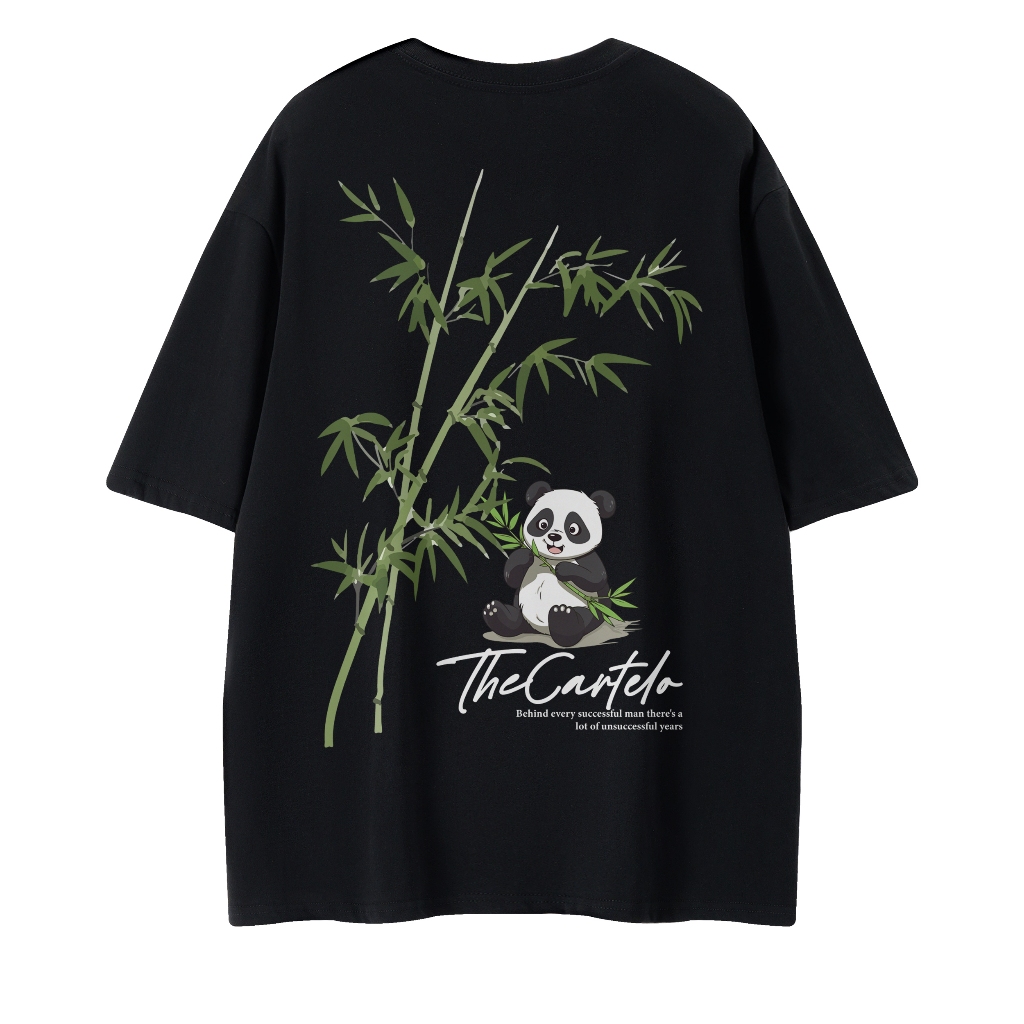 Kaos Pria Wanita Korea 100%Katun Combed Gaya Uniseks Oversize Teks Panda Bambu T-shirt Lengan Pendek