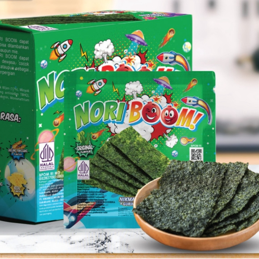 

NORI BOOM KRIUK HIJAU Cemilan Rumput Laut Seaweed Snack Nori Goreng NIKMAT & GURIH Rasa ORIGINAL 3gr