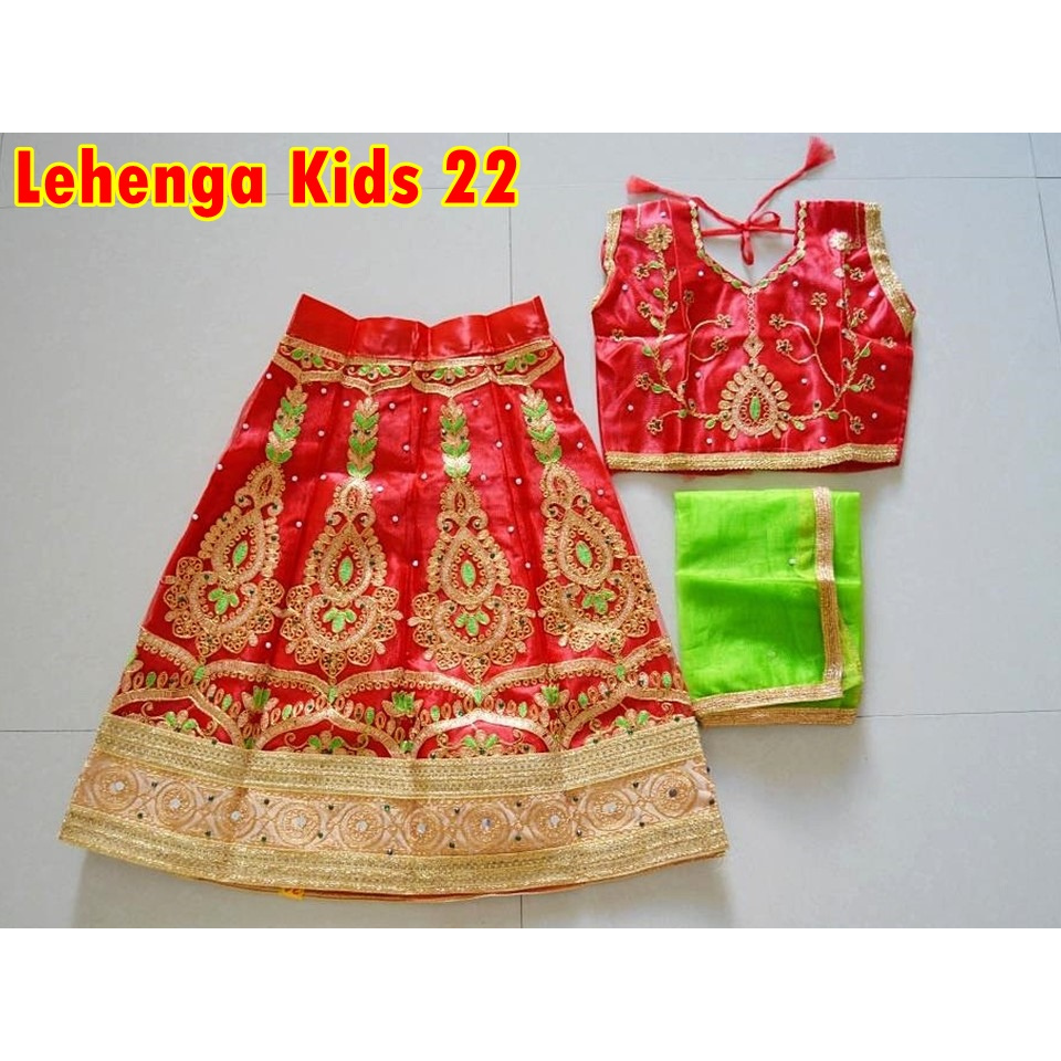 (PREMIUM) RED+GREEN Lehenga Kids Umur 4,5,6,7,8,9,10,11,12 tahun/ Baju Anak Perempuan India