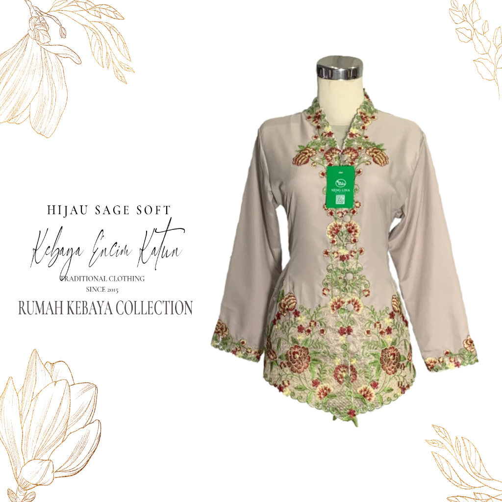 Kebaya Encim Bordir Modern Kartini Katun Hijau Sage Soft Lengan Panjang
