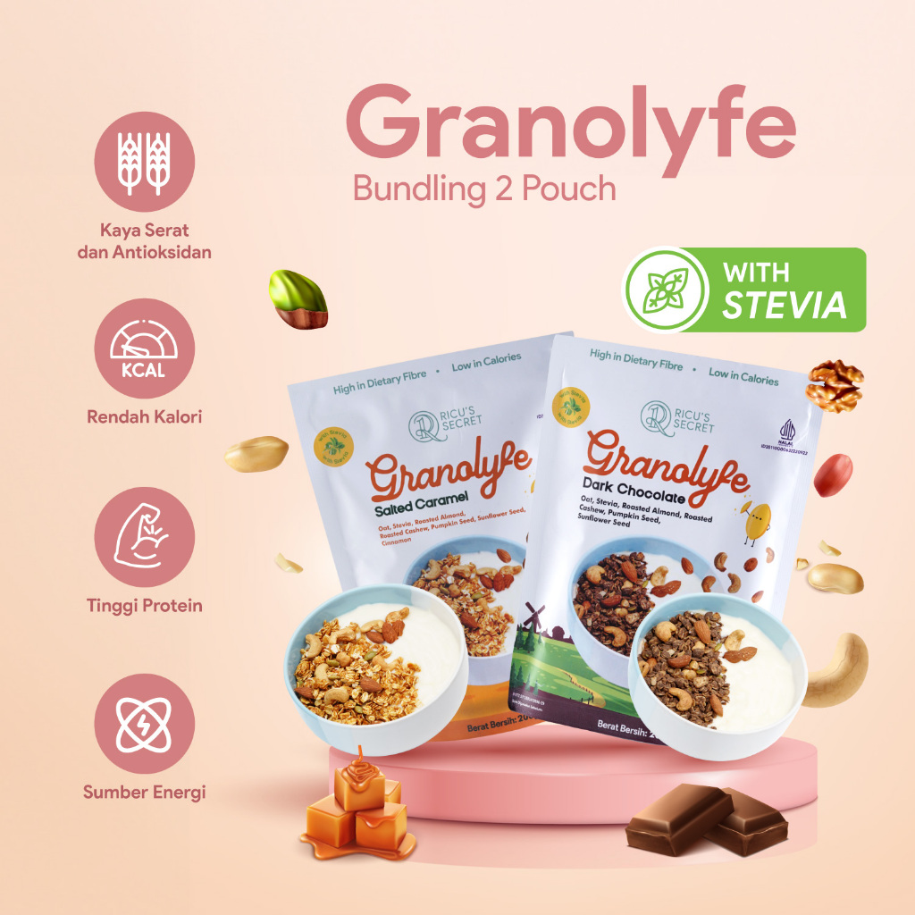 

Granolyfe - Bundling 2 Pouch Sereal Granola Dark Chocolate & Salted Caramel Dengan Stevia (800 gram)