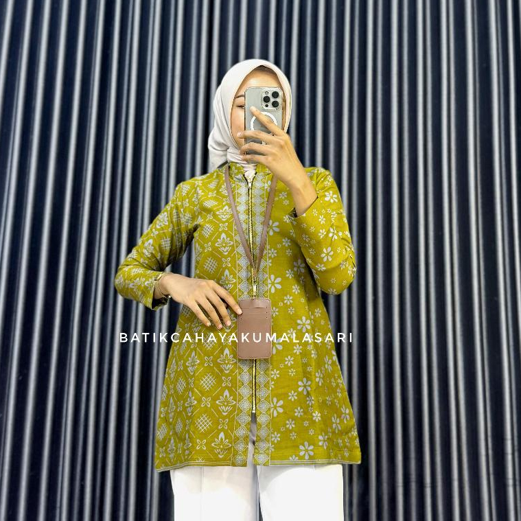 Tunik Pendek Batik Wanita Lapis Trikot Motif Romecca Lemon - Atasan Kerja Wanita Kuning Lemon