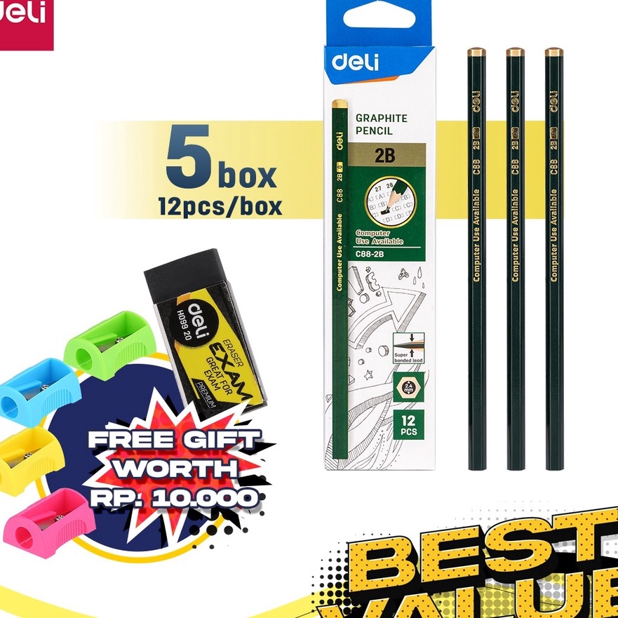 

Hemat Deli Kombo ATK Ekonomis 6 pcs Pensil Kayu 2B Gratis Rautan Penghapus EC882B