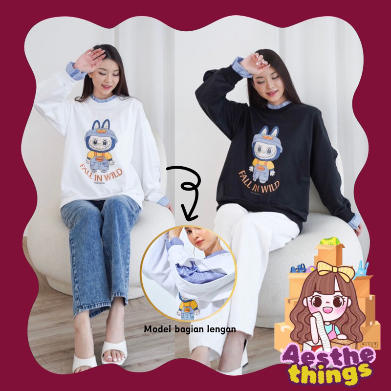 ✨AESTHETHINGS✨ CREWNECK SWEATER LABUBU BABY TERRY MIX KATUN SALUR KARAKTER VIRAL HITAM PUTIH SWEATSH