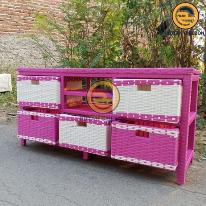 Meja Tv Lemari Plastik Minimalis Rotan Sintetis 5 Laci
