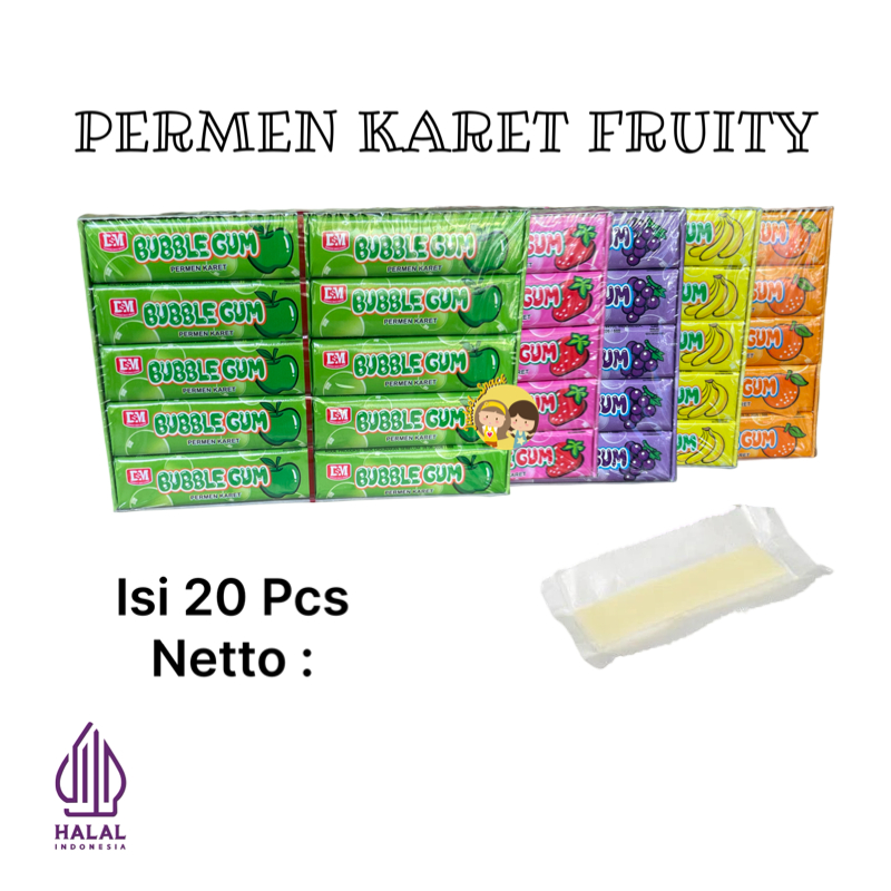 

GROSIR - Permen Karet FRUITY 20 PCS (1 KOTAK 1 RASA) Rasa Anggur Apel Pisang Stoberi Jeruk by Jadoel_Snack