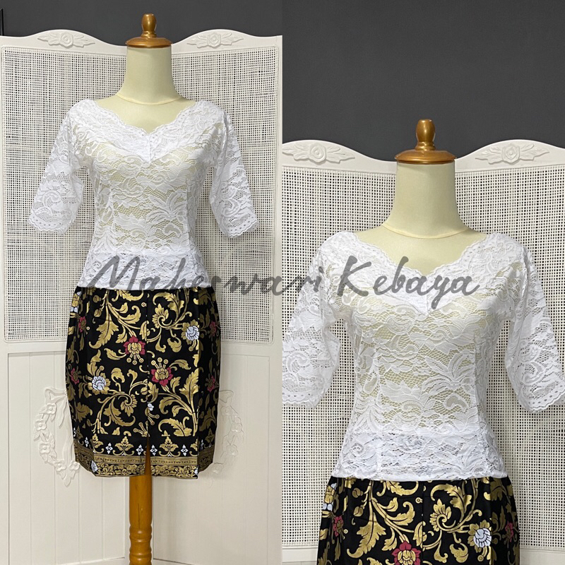 Kebaya Bali Set Sabrina Putih Rok Pendek