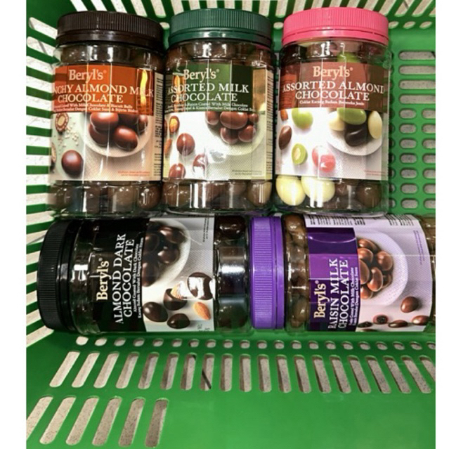 

Beryl's Crunchy Almond Milk Chocolate, Beryl's Assorted Milk chocolate, Beryl's Assorted Almond Chocolate, Beryl's Dark almond Chocolate, Beryl's Raisin Milk Chocolate Ori Malaysia Kaleng