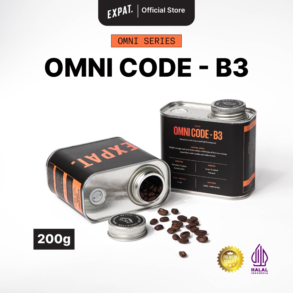 

Expat. Roasters Specialty Coffee Omni Code B3 Biji Kopi / Bubuk Arabika 200gr / Bali Kintamani & Sumatra Aceh Gayo