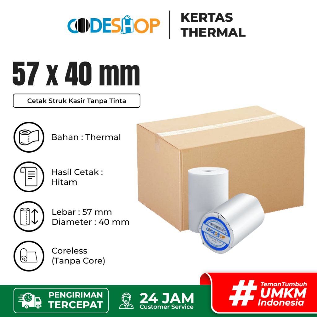 

(1 Dus) Kertas Thermal Codeshop 58 x 40 mm Roll Struk Printer Bluetooth
