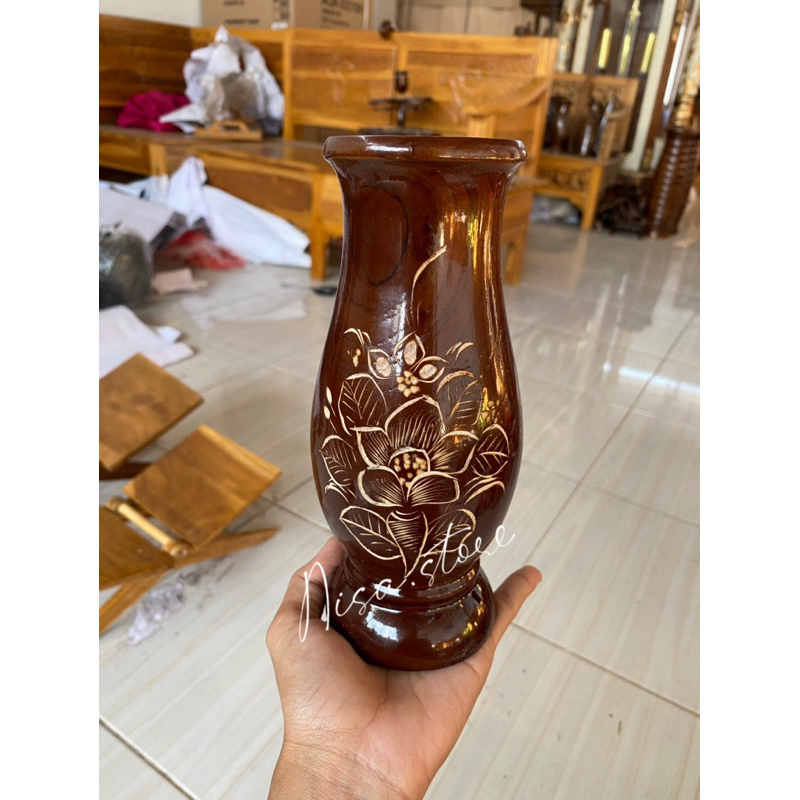 Kerajinan Kayu jati Vas Bunga Ukir Bunga / Vas Bunga Kayu Jati