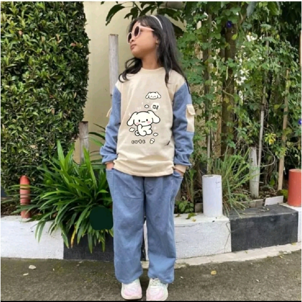 Setelan Anak Perempuan Baju lengan panjang Motif Cinamorol Cute Celana Cargo Usia 5-12 Tahun
