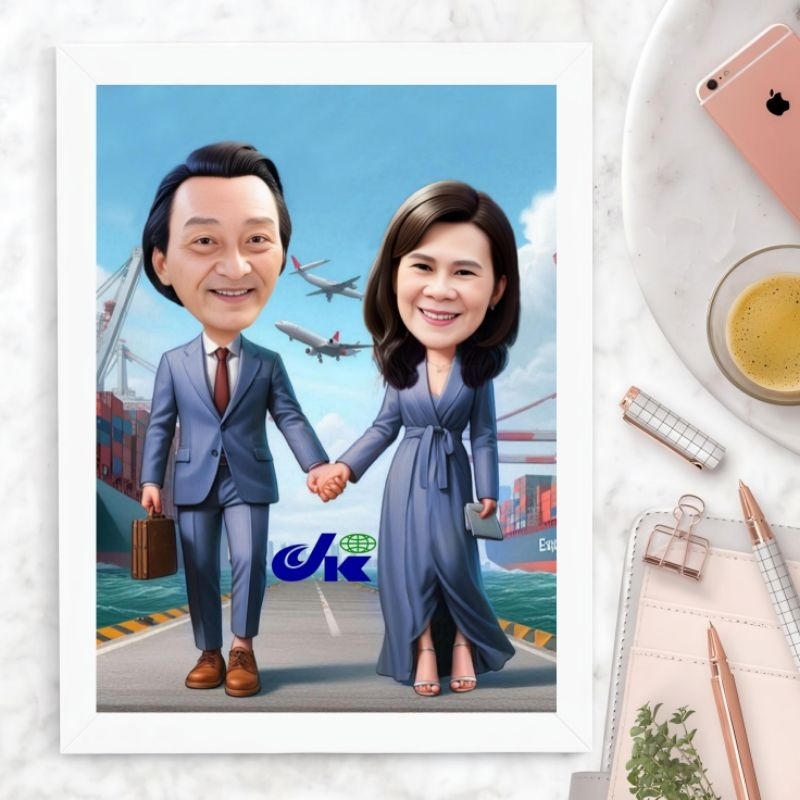 Karikatur Wajah Costum Cetak + bingkai A4 21x30 cm / Karikatur hadiah / Kado ulang tahun