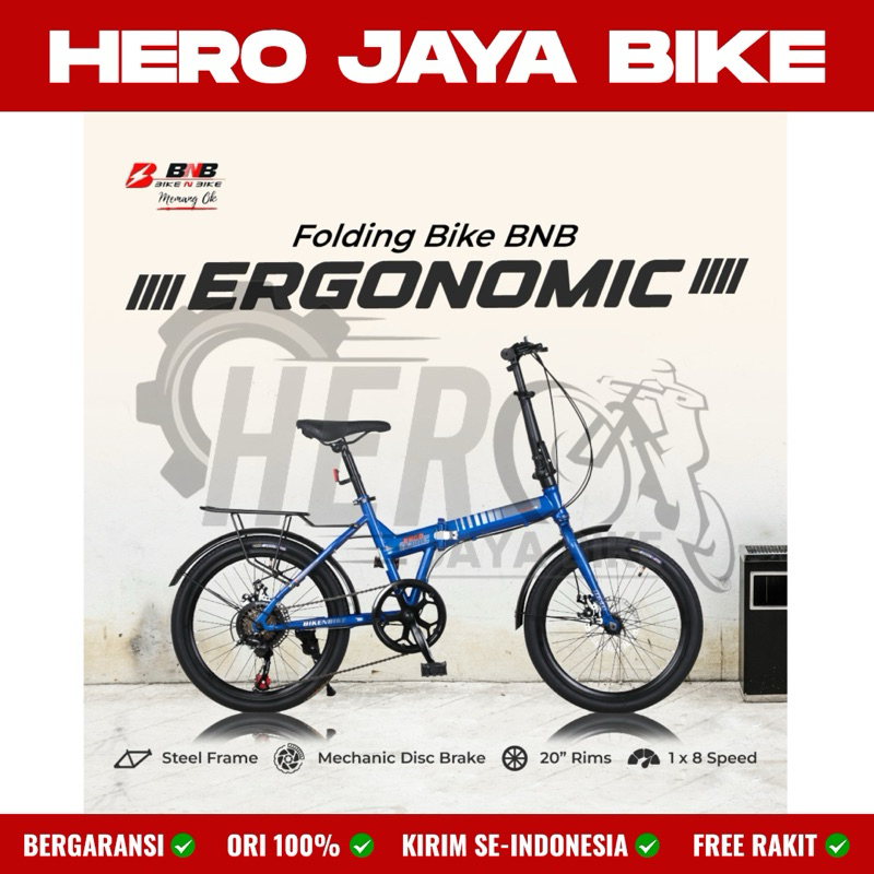 BIKE N BIKE Sepeda Lipat BNB ERGONOMIC Ukuran 20Inch 8 Speed Rem Cakram Boncengan Anak dan Spakbor F