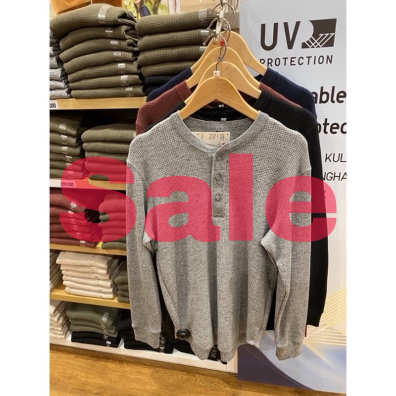 SALE MEN T-Shirt Waffle Kerah Henley Lengan Panjang UNIQLO