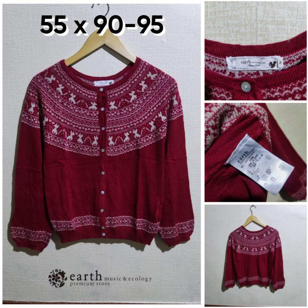 Cardigan Earth Music & Ecology Merah Motif Tribal O Neck Size S Wanita Atasan Cewek Outer Knit ED936
