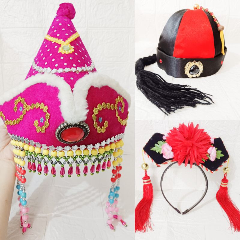 Hiasan rambut anak perempuan Mongolia manik dan topi laki Imlek Bando Putri Cina Huan Shu preloved