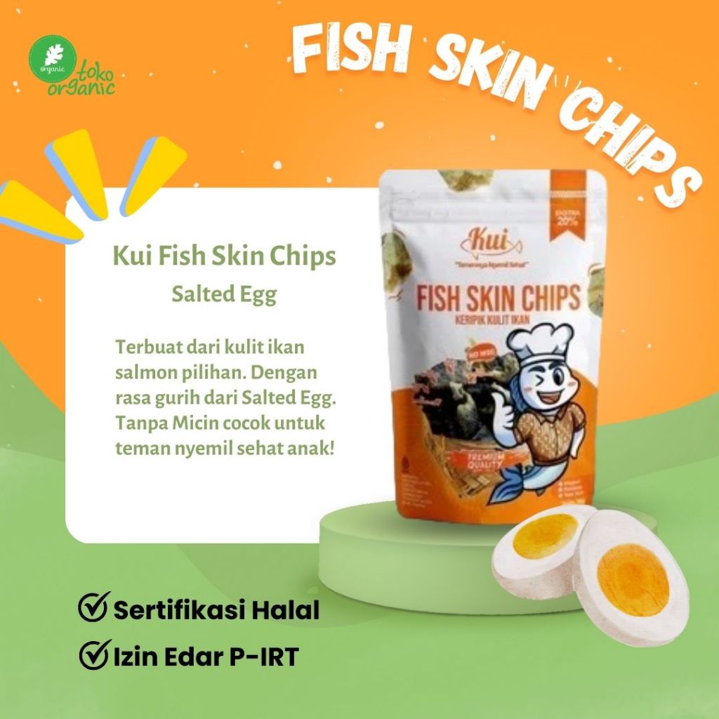 

KUI Salmon Skin Chips Cemilan Sehat Keripik Kulit Ikan Salmon Tanpa Tepung, Non MSG dan Pengawet rasa Salted Egg - 42Gr