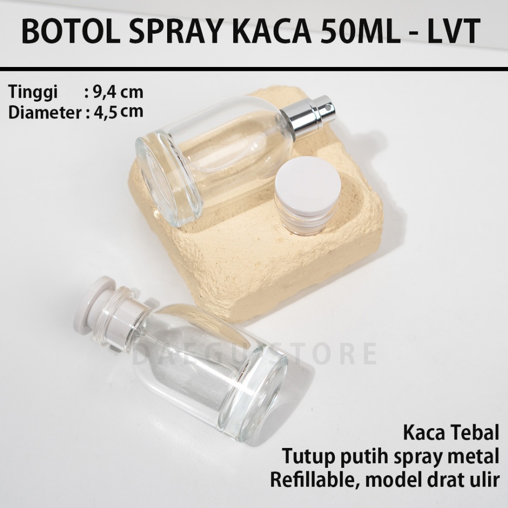 Botol Parfum 50ml Spray - Kaca Tebal Refillable Model Louis LVT Tutup Putih