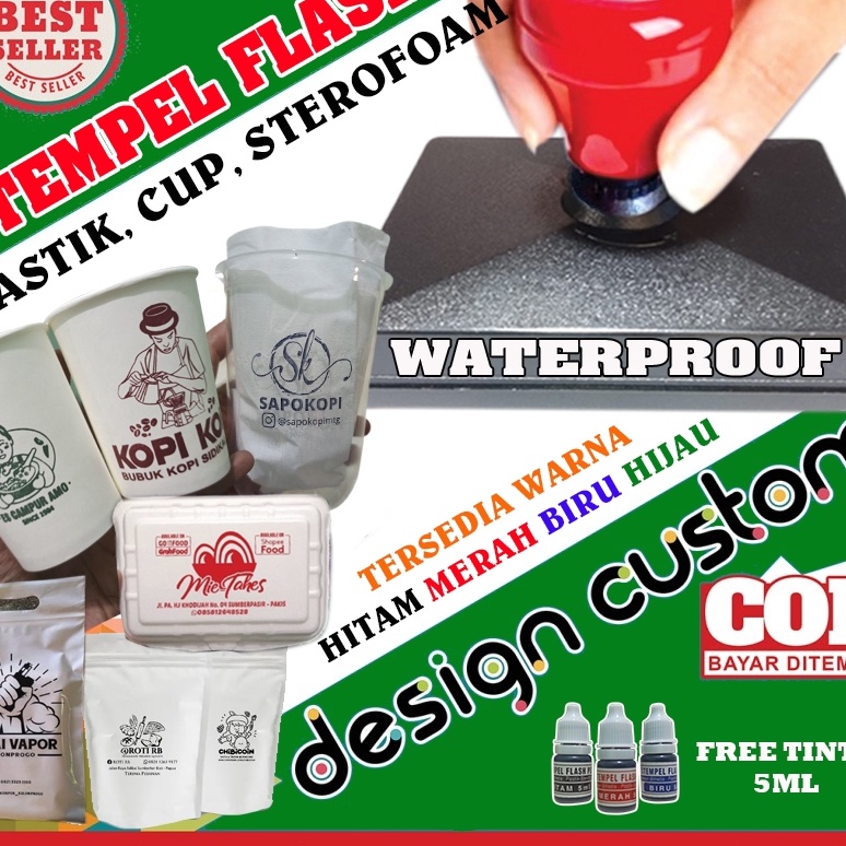 

KF7 Stempel Flash Plastik Gelas Cup Sterofoam Mika Tinta Permanen Wateroof Free Tinta