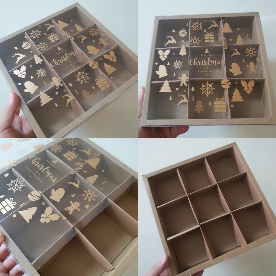 

1 Pack Isi 5 Pcs Dus Parcel Natal Mika Sekat 9 Coklat Box Motif Christmas Ukuran 7.3x7.3x4.5 cm