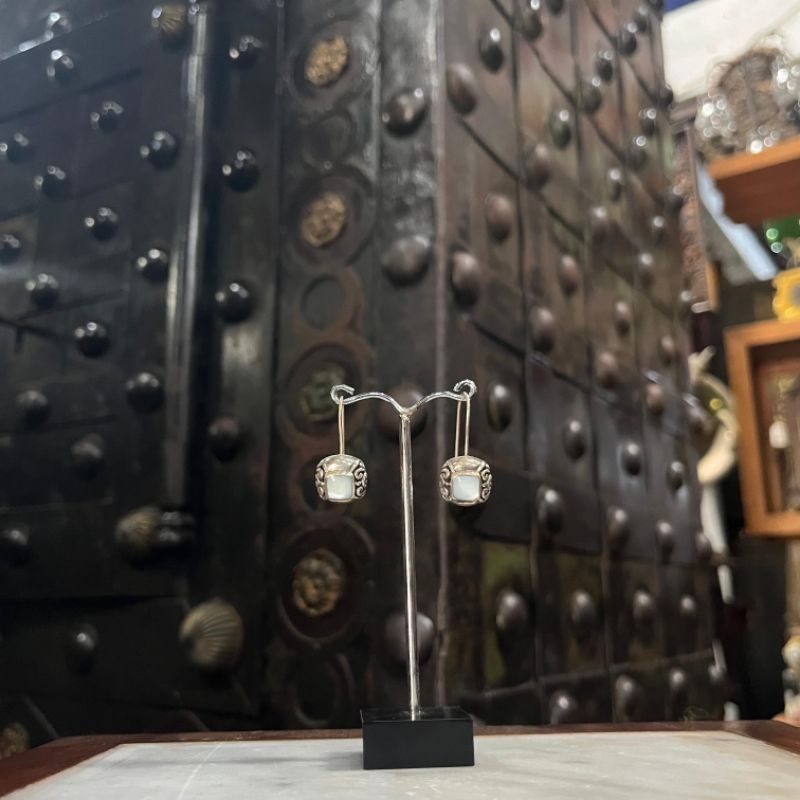 Anting Silver Persegi Batu Biru Lawas Tua